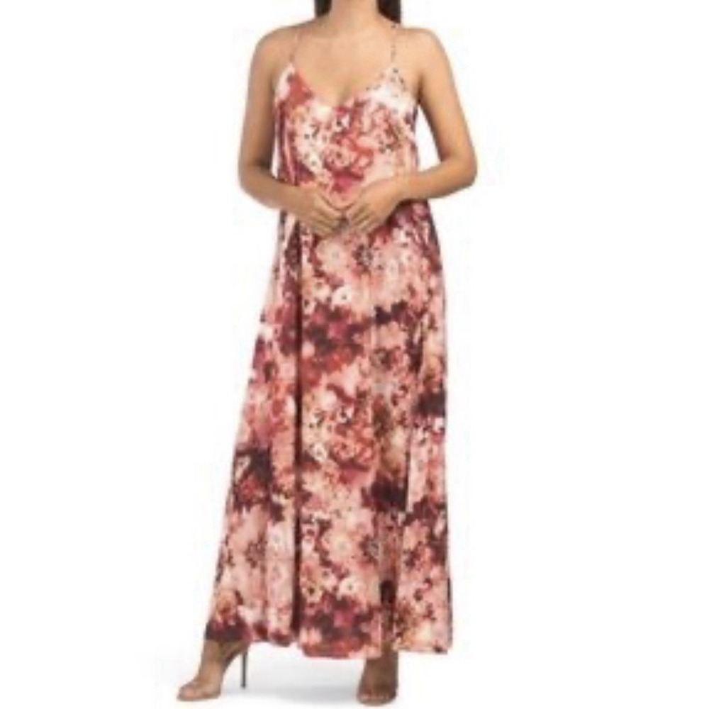 Nicole Miller Abstract Print Maxi Strappy Dress Built In bra Floral Fall Boho L